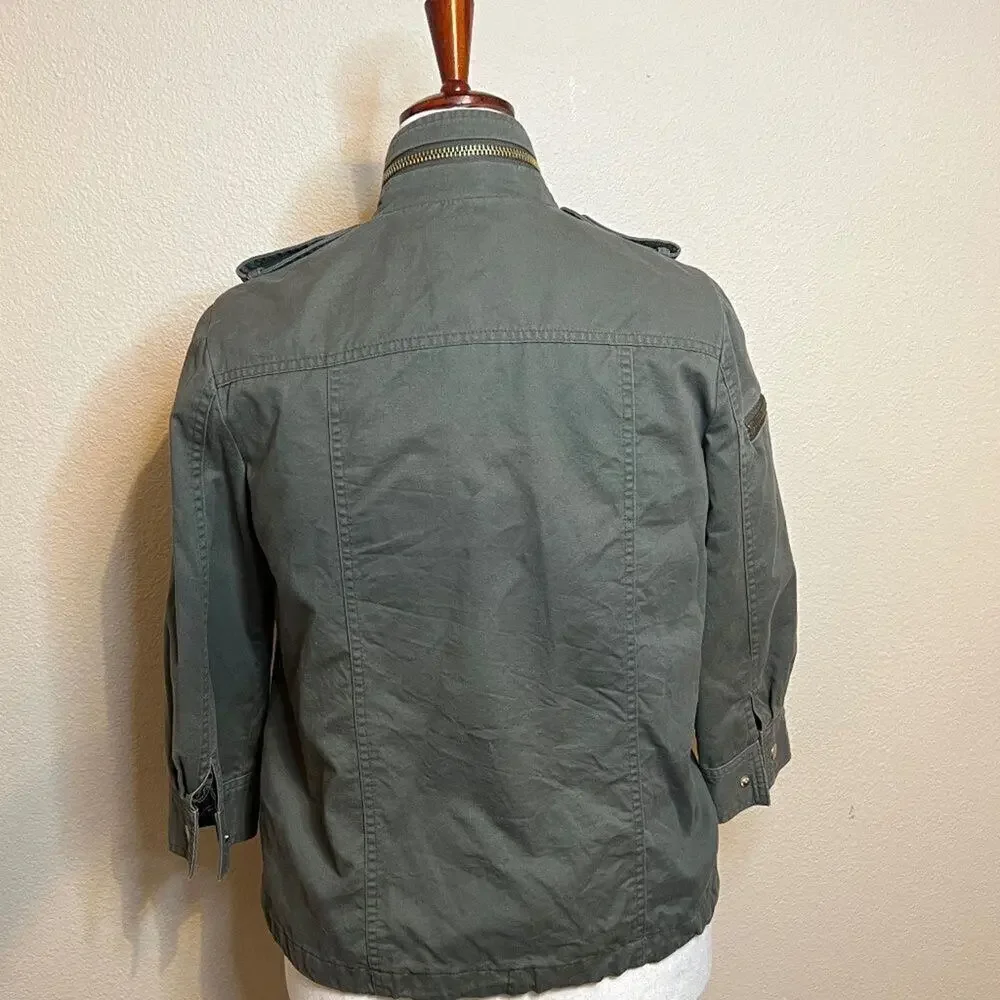 Apostrophe utility jacket khaki green cotton fully lined 3/4 sleeve pockets Sz S